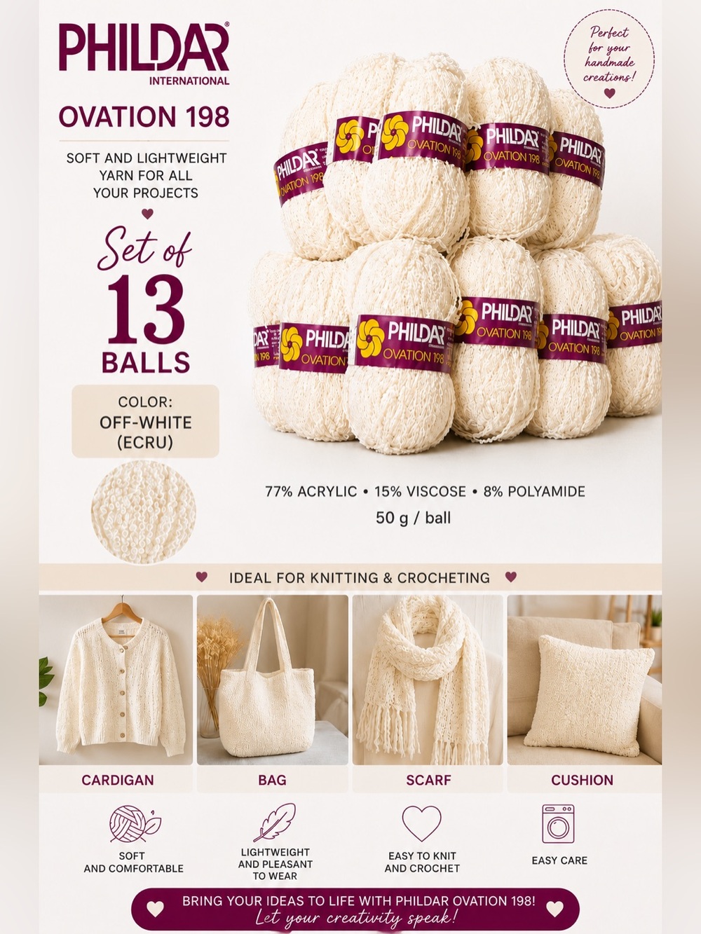 Phildar Ovation 198 Off-White/Ecru Yarn - Vintage - Set of 13 Balls